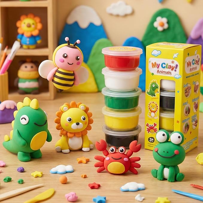 Air Dry Clay Kit, 5 Packs Modeling Clay Animals Kit for Kids, DIY Model Magic Clay with Tools & Tutorials, Soft& Non-Sticky, Safe& Non-Toxic Magic Clays, Creatible Art Crafts Toys Gifts for Boys Girls