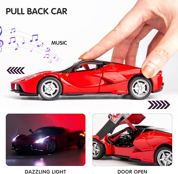 BDTCTK 1:32 Farrari Car Model Pull Back Car with Sound and Light for Kids Boy Girl, Metal Body Door Opened Red