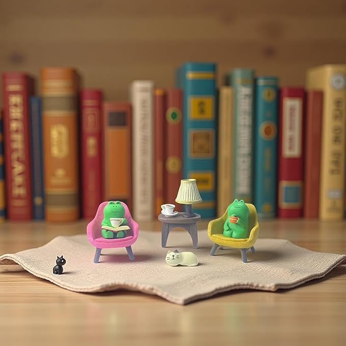 Miniature Frog Set with Sofa, cat, and Desk lamp - Cute Desk Accessories for Office Desk Decor and Home Display, Perfect as Desk Pets or Flower Frog