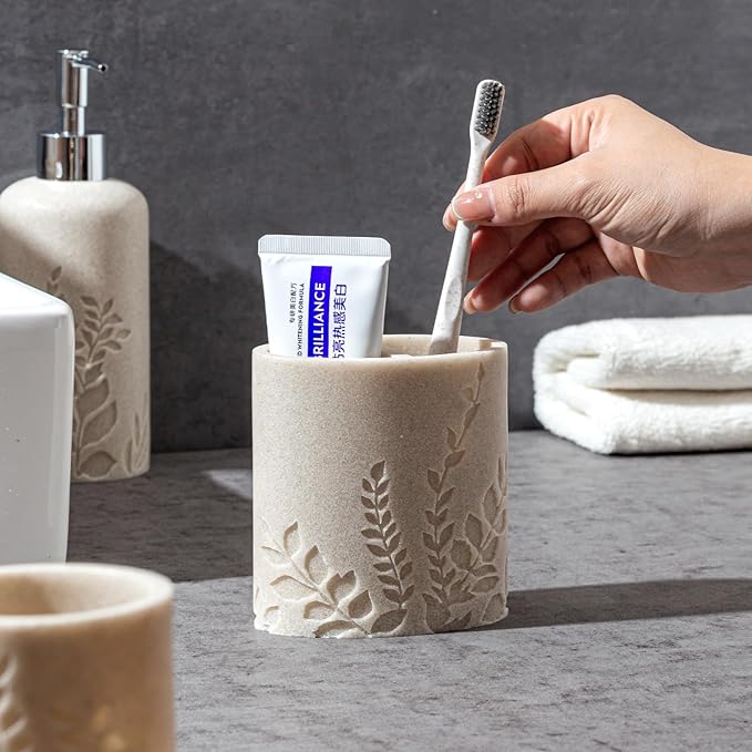Haocoott Bathroom Accessories Set, 4 PCS Bathroom Accessory Sets with Soap Dispenser 13 OZ, Toothbrush Holder, Tumbler, Soap Dish, Bathroom Countertop Organizer, Sea Bathroom Decor (Leaf Beach)