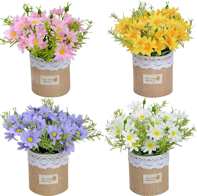 XONOR Artificial Flowers - Set of 4 Mini Fake Potted Silk Daisy Flowers for Home Decor Wedding Office Tabletop Decoration