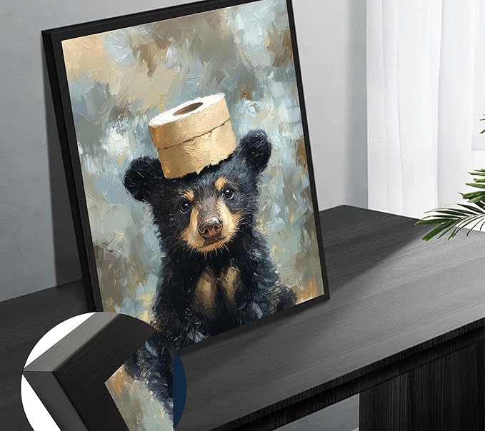 VPUQWGKE Bathroom Bear Canvas Wall Art Black Bear With Paper Wall Decor Picture Bathroom Humor Funny Animal Painting Print for Kids room toilet Washroom Home Decoration 12x16in Black Frame