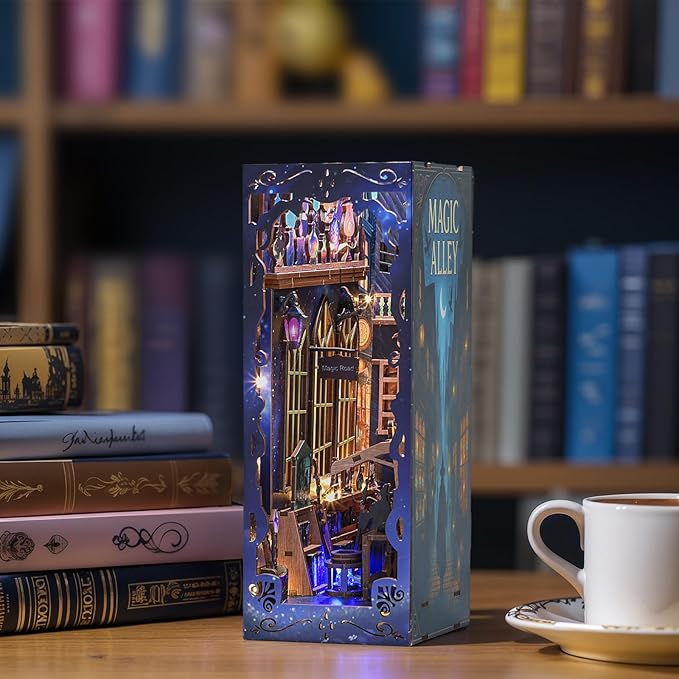Magic Alley Book Nook Kit - DIY Miniature House Kit for Adults, Teens and Beginners, Magic Miniature Diorama with LED Light, 3D Wooden Puzzle Bookend Bookshelf Insert Decor, Gifts for Fantasy Lovers