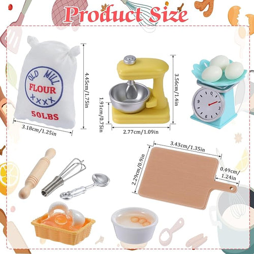 18PCS Dollhouse Miniature Kitchen Food Accessories Set, Mini Stuff for Dollhouse Decor with Stand Mixer, Kitchen Scale, Flour, Rolling Pin Accessories