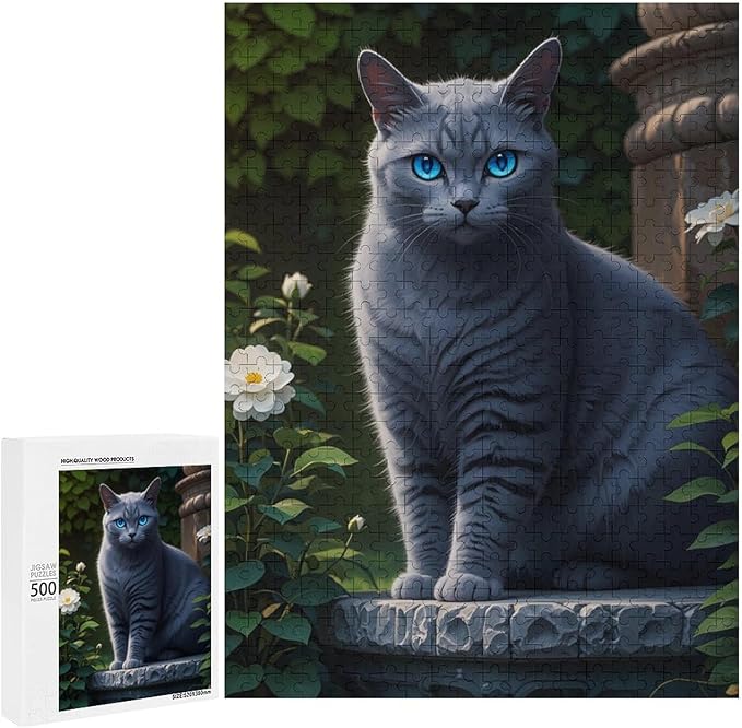 Jigsaw Puzzles for Adults 500 Piece - Cute Russian Blue Cat Animal Themed Wooden Puzzle,Challenge Puzzles Puzzle Games,Stress Relief Games,Funny Puzzles，Unique Gifts for Wall Art