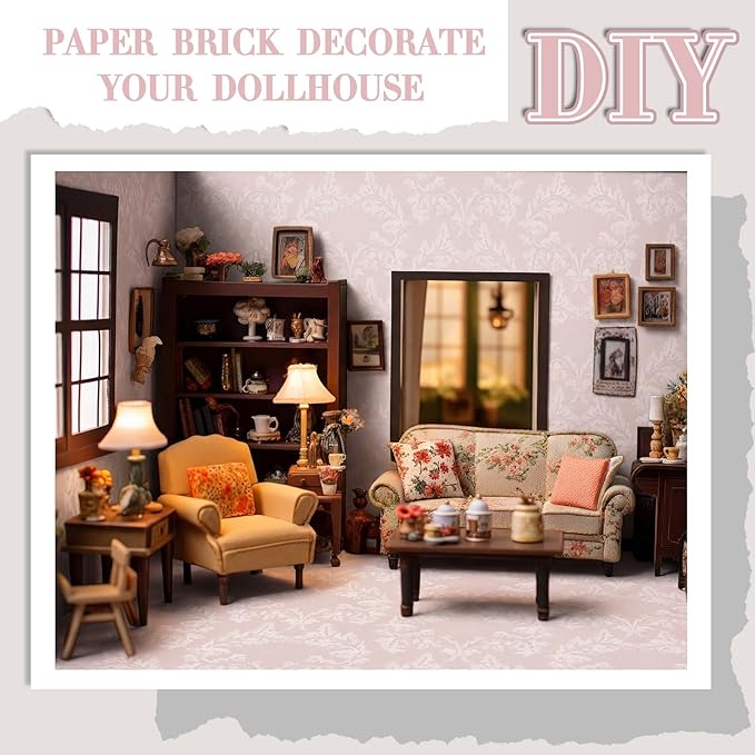 Flutesan 12 Pcs Miniature Dollhouse Wallpaper and Flooring Peel and Stick Mini DIY Self Adhesive Dollhouse Accessories 8.27 x 11.69 Inch (Vintage Pink)