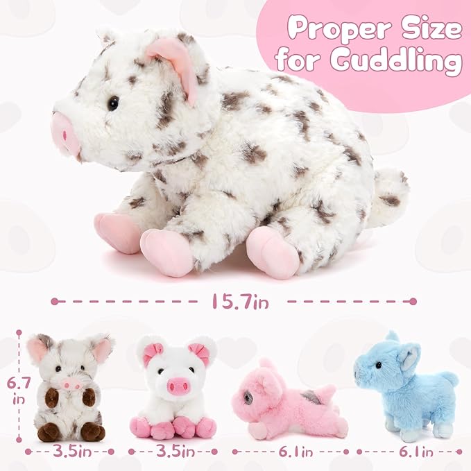 5Pcs Spotted Pig Stuffed Animal, 16“ Mommy Pig Plush with 4 Soft Cuddly Baby Pig Plushies in Mother Pig's Belly, Farm Animal Chirstmas Birthday Gift for Girls Boys Kids, Baby Shower Decor