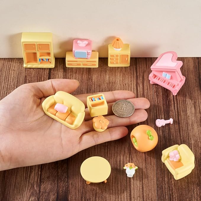 15Pcs Resin Mini Dollhouse Decor Sofa Table Bookcase Piano Living Room Miniature Furniture Set for Garden Micro Landscape Playhouse Ornament Accessories