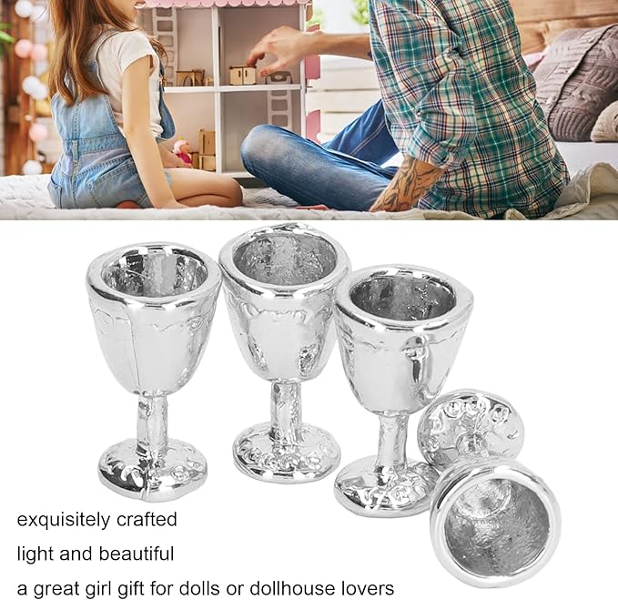 4Pcs Miniature Champagne Wine Glas, Mini Bottles Dollhouse Champagne Set Simulation Miniature Glasses Cups for 1:12 Accessories (4 Silver)