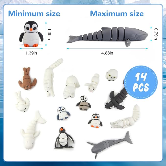 14PCS 3D Printed Arctic Animals Figurines Toys, Realistic Polar Animal Articulated Bath Toys with Polar Bear Fox Penguin Orca Cake Toppers Christmas Birthday Toy Gift for Toddlers Kids