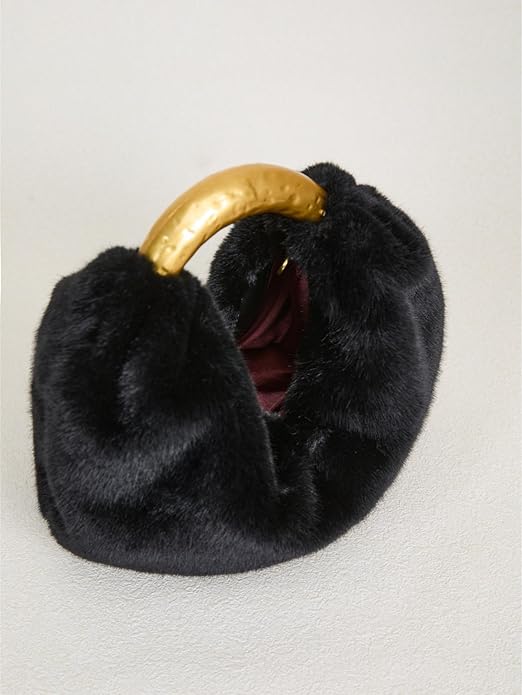 Black Faux Fur Handbag with Gold Metal Handle, Half Moon Top Handle Winter Bag