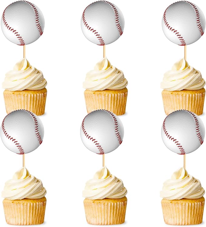 Ercadio 24 Pack Double Sided Base Ball Cupcake Toppers Sports Base Ball Cupcake Picks Base Ball Birthday Cake Decorations Baby Shower Base Ball Sports Theme Party Cake Decoration