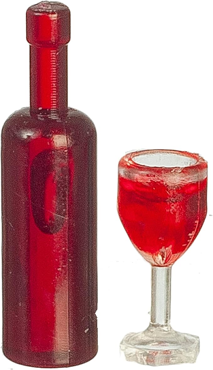 Melody Jane Dolls Houses Dollhouse Red Wine Bottle & Full Glass Miniature Dining Room Pub Accessory