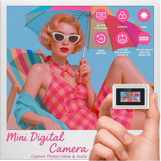 Dienspeak Mini Camera 1080P HD Video Recorder - Keychain Digital Camcorder with 64GB Card, 0.96" HD Display, Long Battery Life, Ultra-Portable Tiny Camera for Travel/Vlog/Night Shots, White