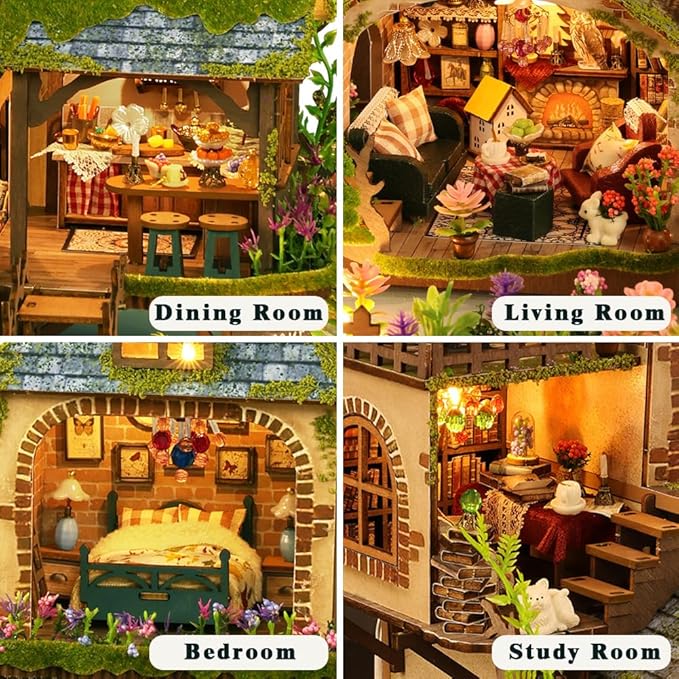 Yuzhen DIY Miniature Dollhouse with Furniture and LED Lights, Wooden Dollhouse Includes Dustcover and Music Movement