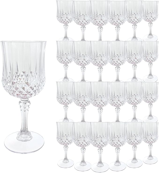 LEYIQU Plastic Wine Glasses, Plastic Goblets Vintage Style Cordial Drinking Glasses for Valentine’s Day, Wedding Reception, Grand Event Party Supplies (24, Transparent)