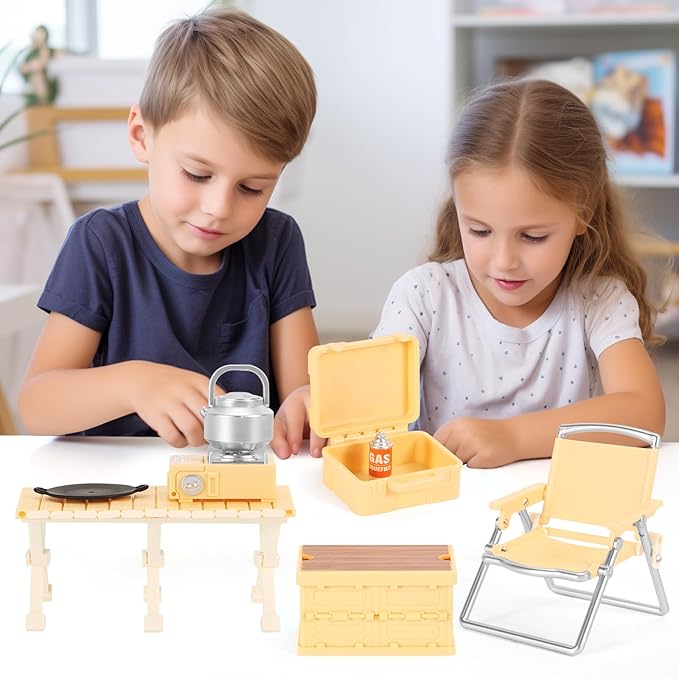 Dollhouse Furniture Set for Kids Toys Miniature Doll House Accessories Pretend Play Toys for Boys Girls & Toddlers Age 3+ with Camping (Yellow)