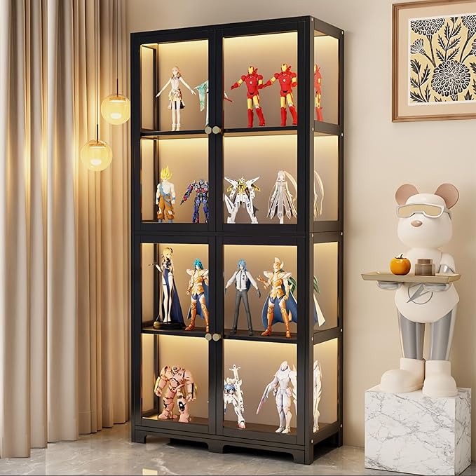 Display Cabinet with Acrylic Glass Doors, 4-Tier Bamboo Curio Display Case for Figures, Display Shelves for Collectibles & Toy Cabinet for Home, Office, Playroom, Living Room