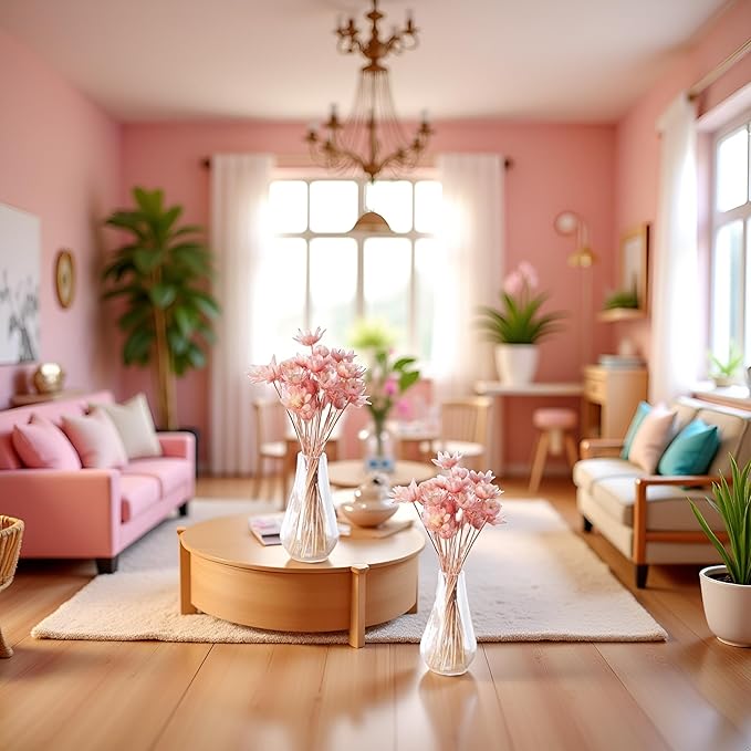 2 Pcs Pink Miniature Dollhouse Flower Vase,1/12 Scale Miniature Accessories Decor, Doll House Mini Flower Bowl Elegant Decoration for Mini Scene,Mini Bowl Decoration Dollhouse Décor