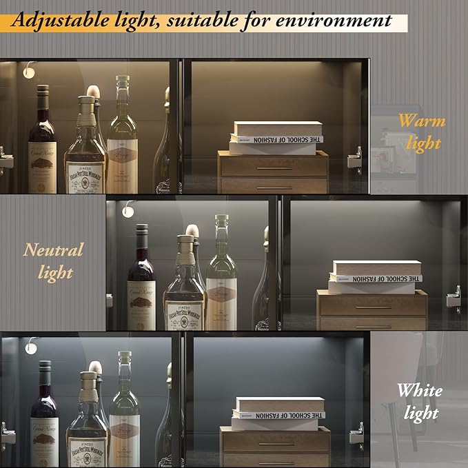 FAMAPY Display Cabinet with Lights, Glass Cabinet with Doors and 4 Tier Shelves, Bookcase Display Case for Collectible, Living Room Office, Black 31.5”W x 15.7”D x 63”H