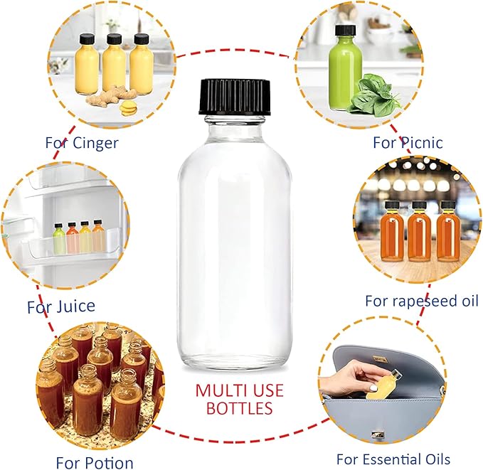 Hadatido 12pack 2oz Sample Bottles With Caps,Wellness Glass Shot Bottles for Bourbon Whiskey,liquor,Juice,Potion,Oils,Vanilla Extract,Tincture,Hot Sauce,Syrup,with Funnels,Labels,Brush,No Leakag