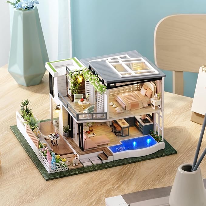 TuKIIE DIY Miniature Dollhouse Kit with Furniture, 1:24 Scale Large Garden Villa Wooden Christmas Doll House Accessories Plus Dust Proof & Music Movement for Kids Teens Adults(West Creek House)