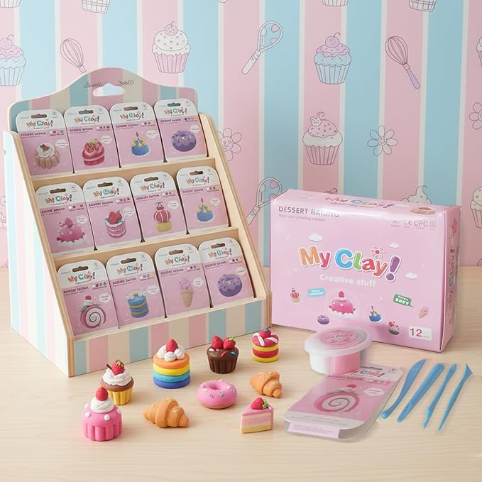 Air Dry Clay Kit for Kids, 12 Dessert Baking Modeling Clay for Kids, DIY Model Magic Clay with Tools and Tutorials, Soft&Non-Sticky, Safe&Non-Toxic Magic Clays,Creatible Art Crafts Toys Gifts