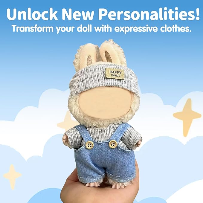 17cm Doll Clothes(NO Doll), Cute Dolls Outfit Accessories with Hat + Sweater + Suspenders Pants, Small Kawaii Clothes Set for Dolls(Style 5)