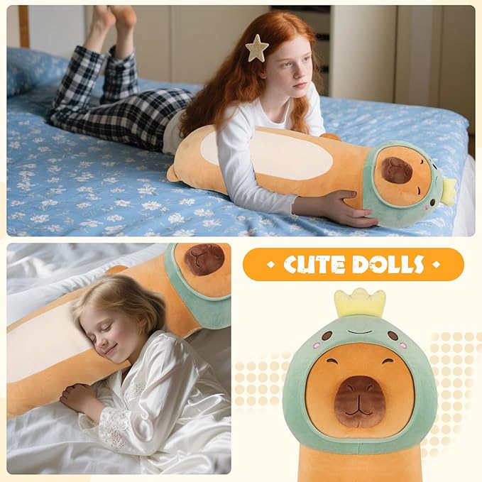 36 inch Extra Capybara Plush Long Pillow Toy Soft Stuffed Animal with Cute Dinosaur, Large Cuddle Sleeping Body Capybara Brown Big Plushies Gifts for Kids Boys Girls, Birthday, Halloween, Christmas