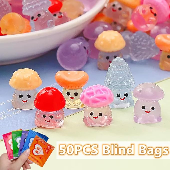 50PCS Glow-in-The-Dark Mushroom Blind Bags, Cute Mini Mushroom Figurines Dollhouse Accessories, Realistic Mini Miniatures, Fairy Garden Decorations for Kids Party Favors, DIY Crafts