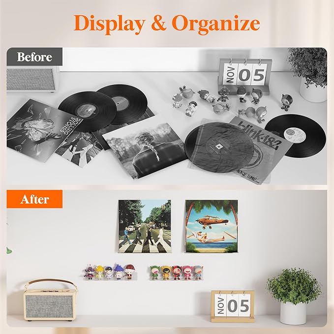 Lifewit Narrow Floating Shelves for Vinyl Record 6 Pack, 12" Clear Wall Shelves for Nail Polish/Book/Picture/Makeup, Acrylic Wall Mount Display Shelf Organizer for Bedroom, Living Room, Bathroom Decor