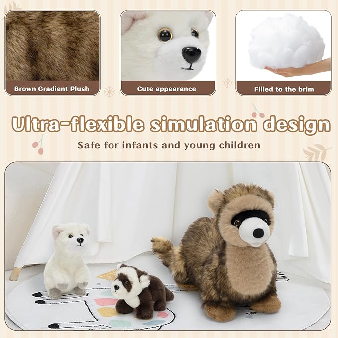 3Pcs Ferret Plush Toy, Mother Ferret Stuffed Animal with 2 Cute Stuffed Baby Ferrets Inside, 18" Snuggly Ferret Plushies for Kids, Christmas Birthday Gift