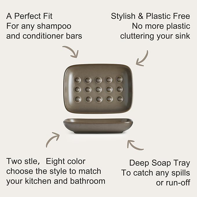 Soap Dish for Shower, Ceramic Bar Soap Holder, Soap Saver Non-Slip, Decorative Sponge Tray for Bathroom Kitchen Sink Bathtub, Multi-Purpose, Raised Pattern - Keep Soap Dry, Brown