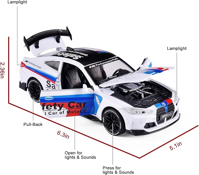 Toy Cars 1:32 M4 Diecast Cars - Light, Sound & Pull Back Function Model Cars- Zinc Alloy Car Model for Kids Who Love car Mechanics & Collecting Exotic Sports Car Toys (White)