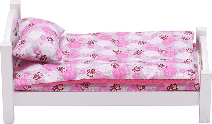 Dollhouse Furniture mini Kid’s Bed Set, Realistic Bedroom Accessories for 6 inch Dolls, Pink Bedding, White Wood, 1/12 Scale