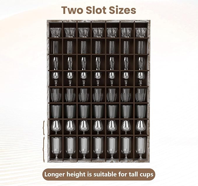 2 Pcs Shot Glass Display Case, 56 Slots Wall-Mounted Wood Shot Glass Holder, 25 x 18'' Rustic Brown Glasses Collection Shelf for Home and Bar Decor