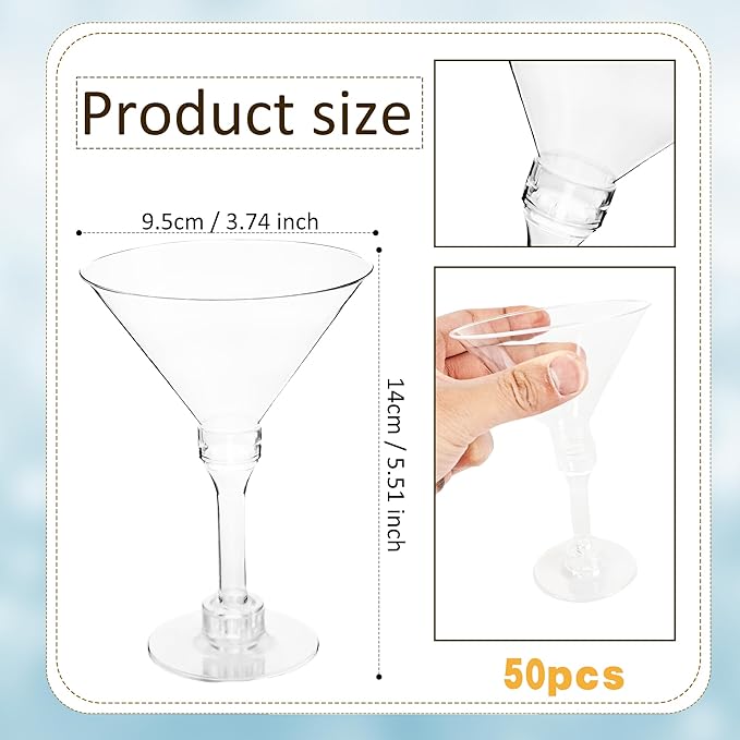 Drayear 50 Pcs Mini Martini Glasses 5 oz Plastic Tall Cocktail Glasses Small Cocktail Stem Glasses for Wine Dessert Ice Cream Birthday Wedding Parties