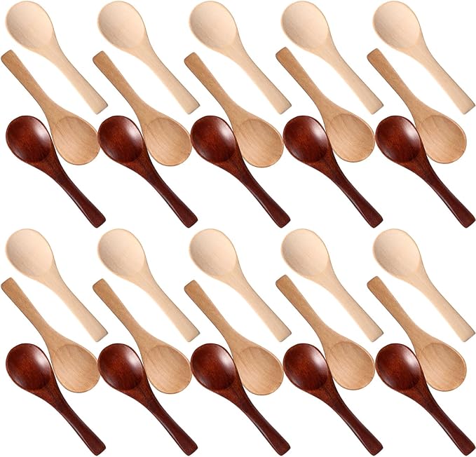 Boao 100 Pcs Small Wooden Spoons, 3.5'' L, Mini Wood Natural Tiny Spoons Wooden Little Teaspoons for Jars Sugar Creamer Honey Spices Salt Kitchen Supplies (Multiple Color)