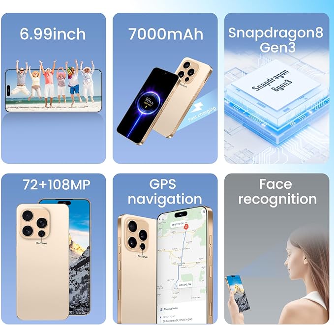 Huness I16PROMAX 16+1TB Smartphone Unlocked Cell Phone,6.99" HD Screen Unlocked Phones,Battery 7000mAh Android 14,Face ID/Fingerprint Button unlock/Photos/5G/Dual SIM/GPS (Gold, 16+1TB)