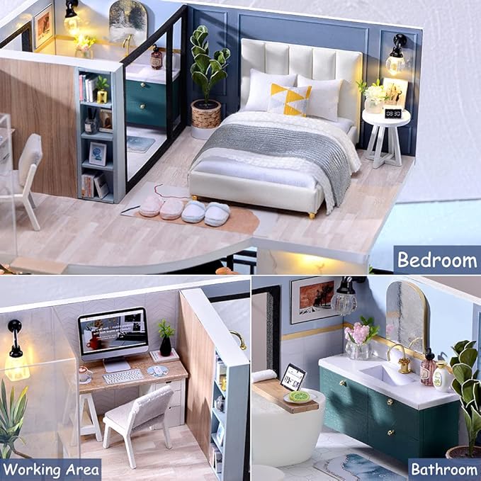 TuKIIE DIY Miniature Dollhouse Kit with Furniture, 1:24 Scale Creative Room Mini Wooden Christmas Doll House Accessories Plus Dust Proof & Music Movement for Kids Teens Adults(Satisfied Time)