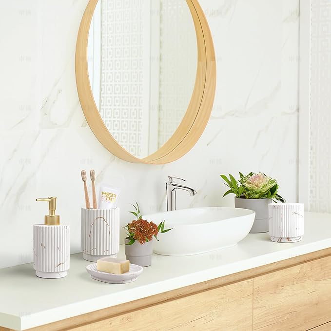 SEEYUAN Bathroom Accessories Set 4 Pcs-Toothbrush Holders Set, Soap Dispenser, Cotton Swab Jars, Vanity Tray, Bathroom Organizer for Modern Bathrooms Decor, Gift for Home Apartment