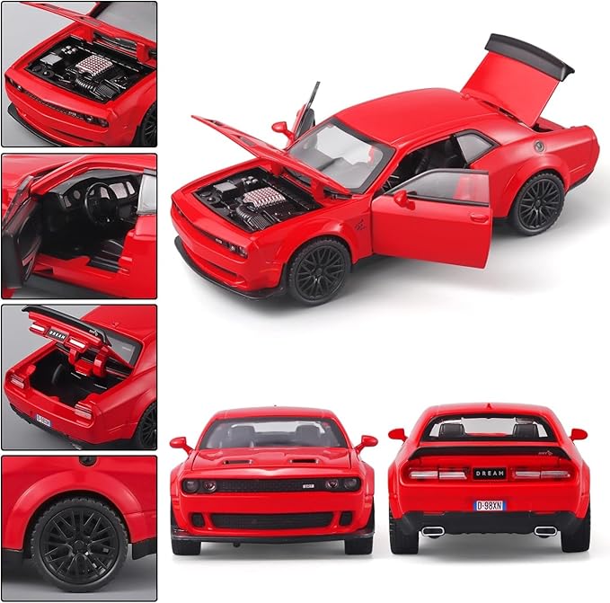Toy Car Model Challenger Hellcat Alloy Model Collectible Car with Light and Sound,Pull Back Toy Vehicles for Boys Children Age 3 + Year Old(Red)
