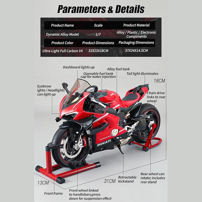 1/7 Scale Alloy Dynamic Motorcycle Model with Ignition System and Smoke Spray, Die-cast Motorcycle Gift for Adult Collectors & Enthusiasts