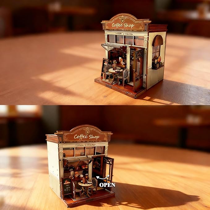 DIY Miniature House Dollhouse,Coffee Shop Book Nook Kit for Adult and Teens, Dollhouse,Tiny House Bookshelf Decor 3D Wooden Puzzle with LED Lighting, Gifts for Family, Friends (Coffe Shop)