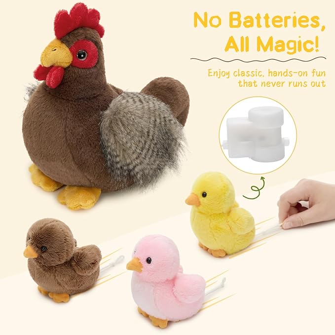 4 Pcs Chicken Plush Set, Mom Hen Stuffed Animal with 3 Stuffed Wind Up Chicks Toy in Mother Chicken's Belly, Christmas Birthday Gift for Kids Girls Boys, Animal Theme Party Decor