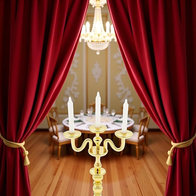 Gold 1/12 Miniature Candlestick Candelabra with Candles Dollhouse Accessories, 3-arms