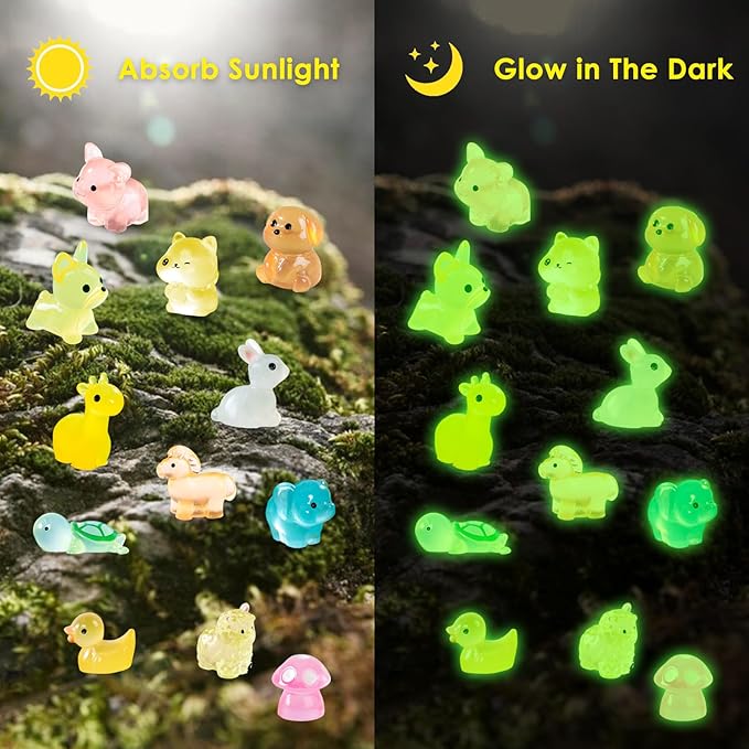 JIUDUOYUAN 160pcs Luminous Mini Resin Animals Figurines Mini Ducks Dogs Squirrels Giraffes Rabbits Tiny Elephants Miniature Figurines Glow in The Dark Garden Miniatures Fairy Garden Accessories