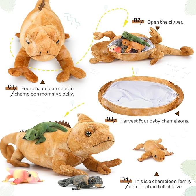 5Pcs Giant Lizard Plush, 27" Mother Iguana Stuffed Animal with 4 Baby Lizard Plushies, Bearded Dragon Plush Toy for Kids Reptile Lovers, Yellow Stuffed Chameleon for Christmas Birthday Gift