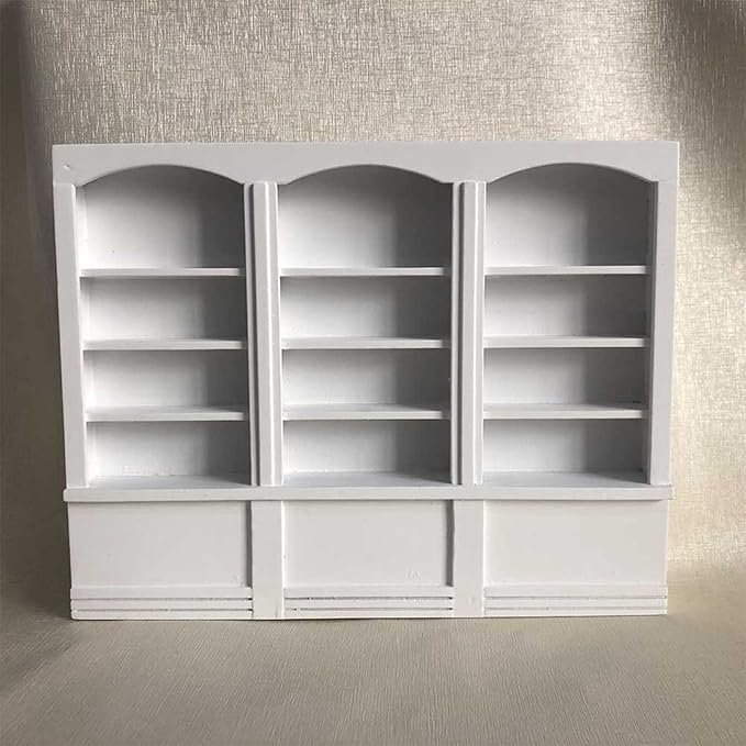 1:12 Scale Dollhouse Bookshelf (White), Miniature Wooden Bookcase Display Cabinet for Dollhouse Furniture, Collector's Decoration Accessory