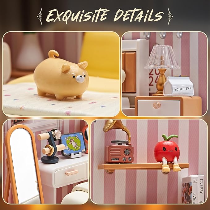 DIY Play Miniature Bedroom Kit – 82Pcs 1:20 Scale Cozy Dollhouse Room Toy with LED Light & Blister Packaging, Connectable Tiny House Model for Kids 8+ & Teens